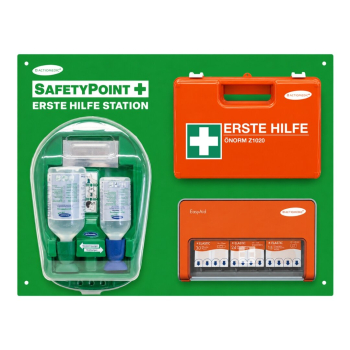 ACTIOMEDIC SafetyPoint Wand-Erste-Hilfe-Station mit Verbandkoffer (ÖNORM Z1020), Augenspülstation und Pflasterspender