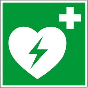 Rettungszeichen „Defibrillator (AED)“ E010, Folie selbstklebend, 200 x 200 mm