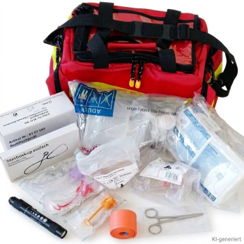 Notfalltasche-Set Sanitäter Privat gefüllt – rote Notfalltasche mit Beatmungsbeutel-Set, Blutdruckmessgerät und Stethoskop
