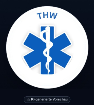 Preview: KI-generierte Vorschau: Aufkleber Star of Life mit Beschriftung THW, weißer Hintergrund, ohne Rand