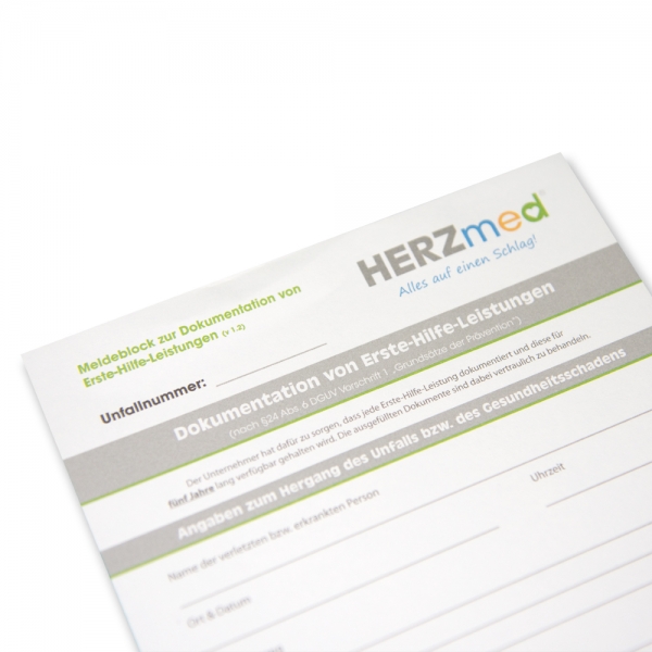 HERZmed Meldeblock zur Dokumentation von Erste-Hilfe-Leistungen