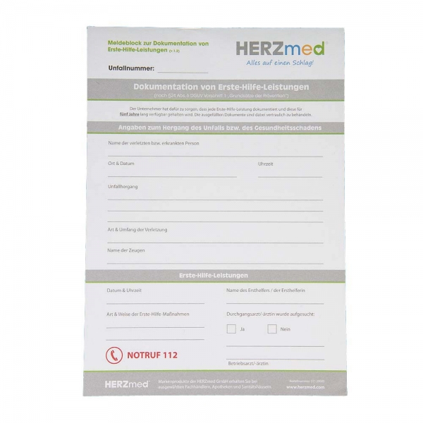 HERZmed Meldeblock zur Dokumentation von Erste-Hilfe-Leistungen