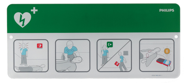 AED-Hinweisschild mit Kurzanleitung, grün