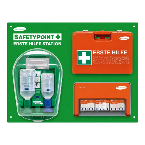 ACTIOMEDIC SafetyPoint Wand-Erste-Hilfe-Station mit Verbandkoffer, Augenspülstation und Pflasterspender