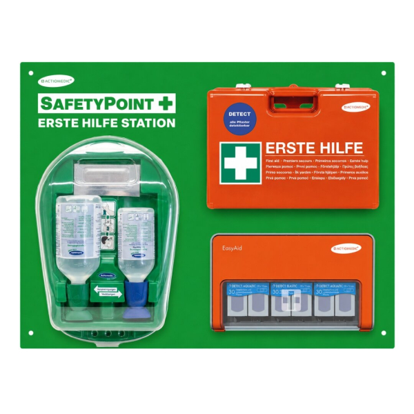ACTIOMEDIC SafetyPoint DETECT Wand-Erste-Hilfe-Station mit detektierbaren Pflastern, Verbandkoffer und Augenspülstation