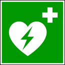 Rettungszeichen „Defibrillator (AED)“ E010, Folie selbstklebend, langnachleuchtend, 200 x 200 mm