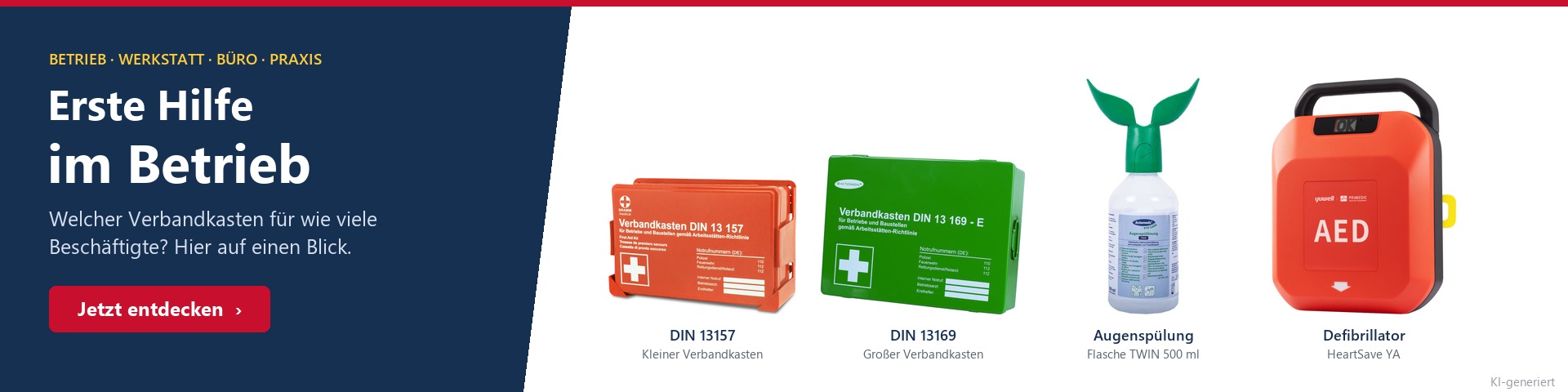 Erste Hilfe im Betrieb – Verbandkästen, Augenspülung und Defibrillator